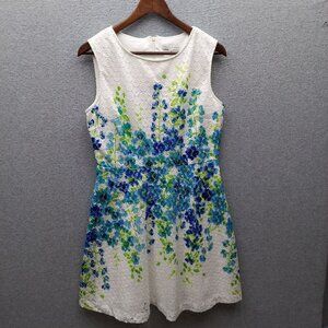 Sandra Darren 10P White Floral swing Sleeveless Dress With Blue & Green Pattern